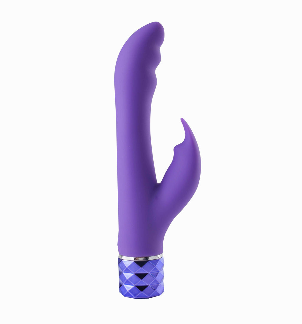 USB rechargeable rabbit vibrator in neon purple with dual vibrators and medical grade silicone design.