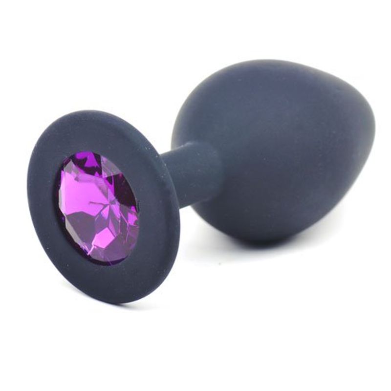 Black Silicone Anal Plug Medium w Purple Diamond for intimate essentials and sexy toys for men.