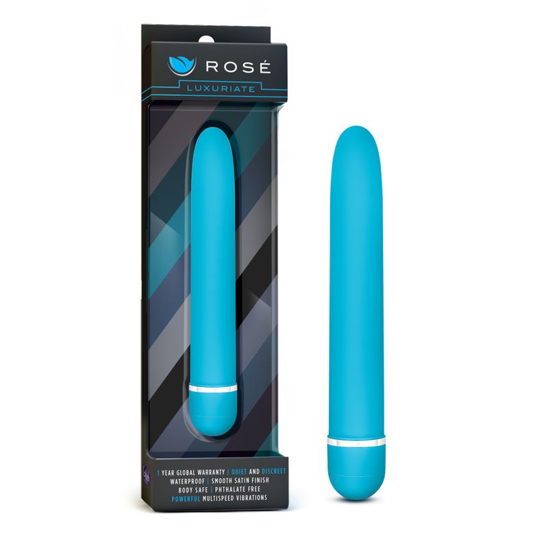 Rose Luxuriate Blue modern waterproof vibrator in sleek packaging with smooth satin finish.