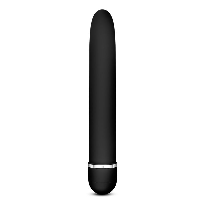 Sleek modern vibrator in black satin finish with multispeed control for enhanced pleasure.