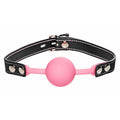 Glow in the Dark Silicone Ball Gag with a pink ball and black leather strap, perfect for playful experiences.