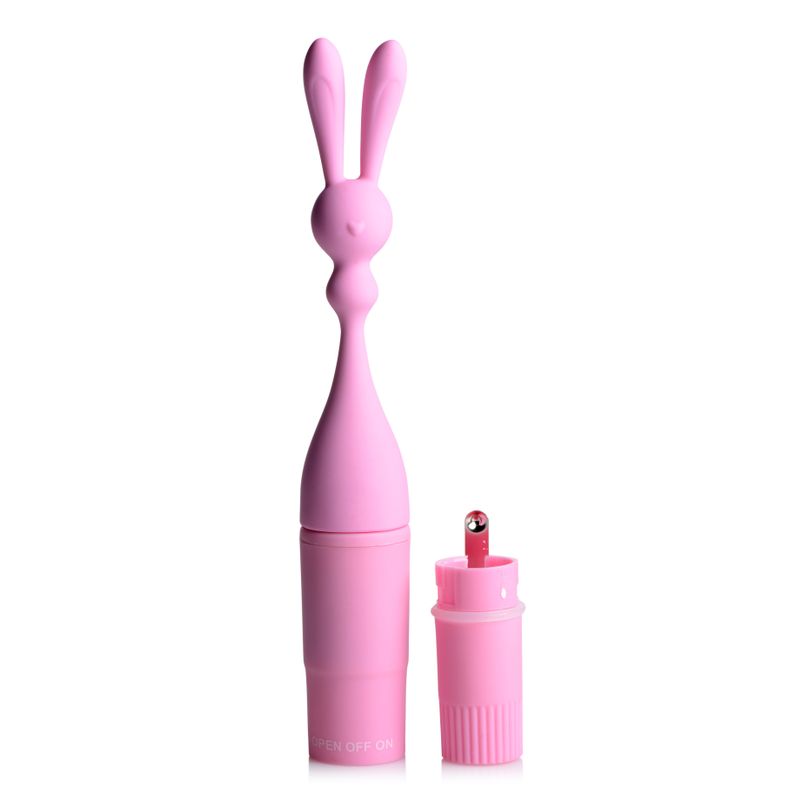 Bunny Rocket Silicone Vibrator in pink with flexible ears for stimulation, made of body-safe silicone, designed for safe teasing.