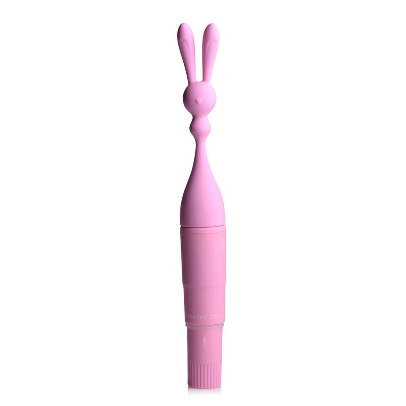 Bunny Rocket Silicone Vibrator in pink color with flexible ears for intense stimulation, body safe and non porous, bunny silicone vibrator.
