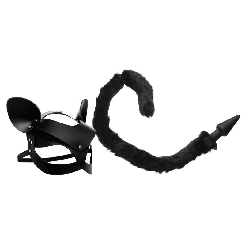 Cat Tail Anal Plug and Mask Set featuring a sleek black leather mask with ears and a fluffy tail plug for playful bedroom fun.