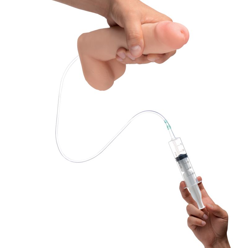 squirting dildo 8in with syringe, showing connection to syringe for realistic use