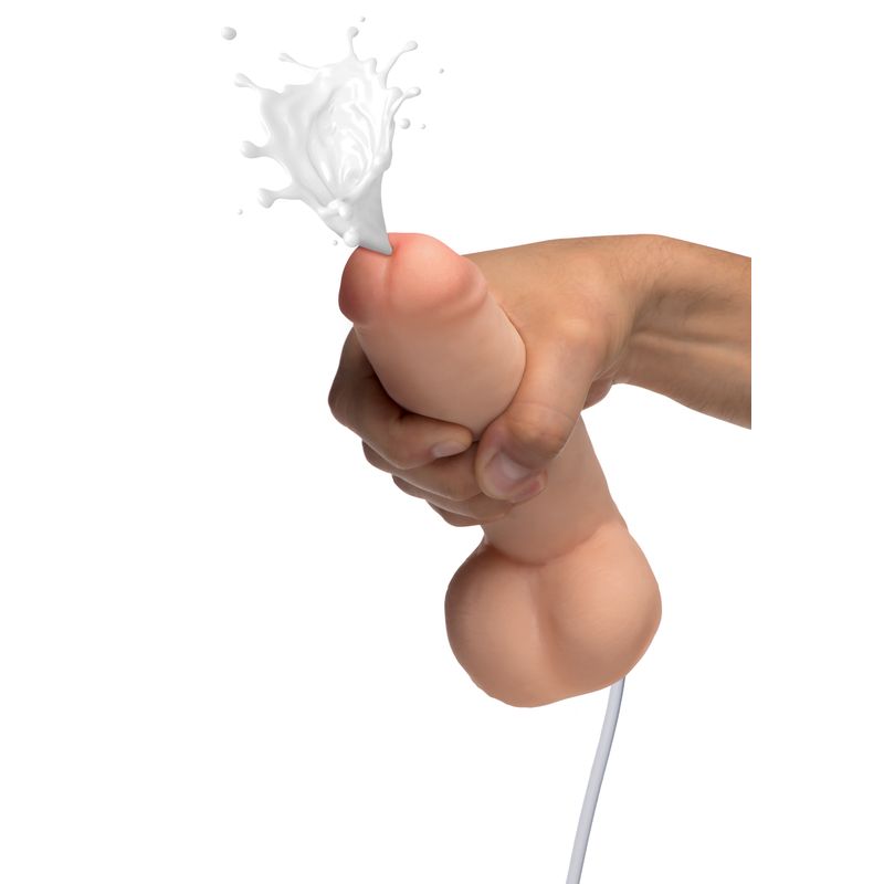 Squirting dildo 8in with syringe being squeezed to release fluid, showcasing realistic design and functionality.