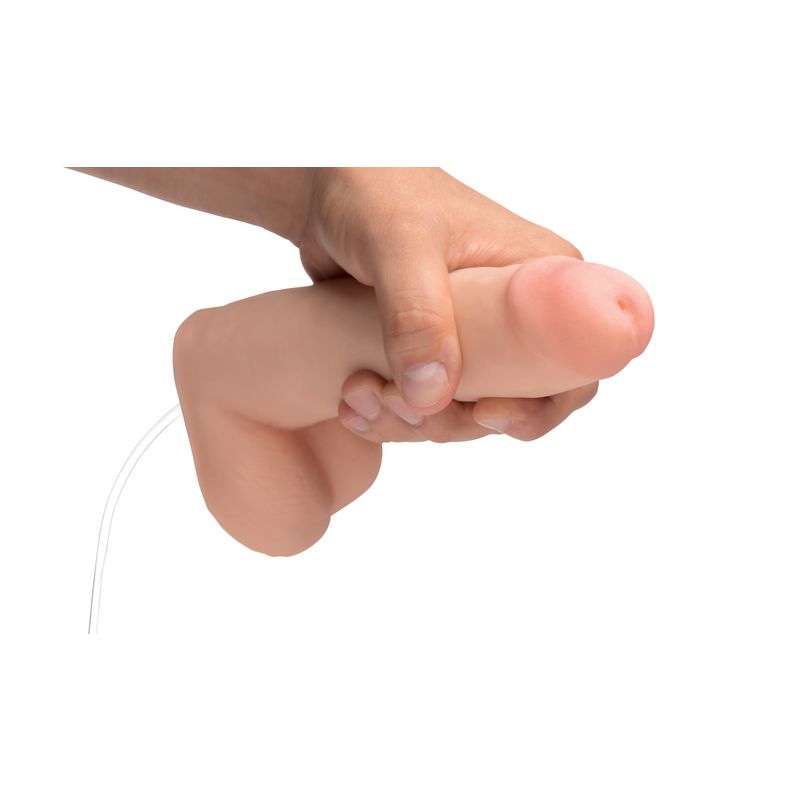 Squirting dildo 8in with syringe showing lifelike texture and details, demonstrating realistic feel and functionality.