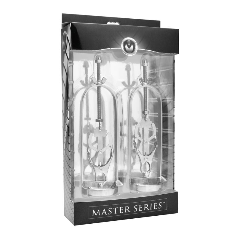 Stainless steel nipple stretcher in packaging from Master Series, showcasing two devices for nipple stretching.