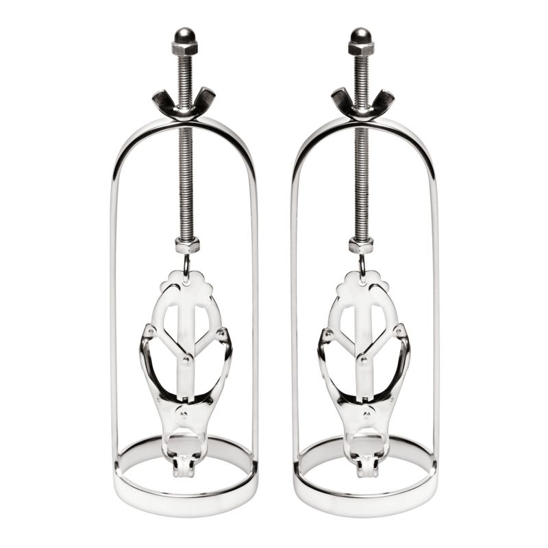 Stainless steel nipple stretcher featuring clover clamps for gradual nipple stretching.