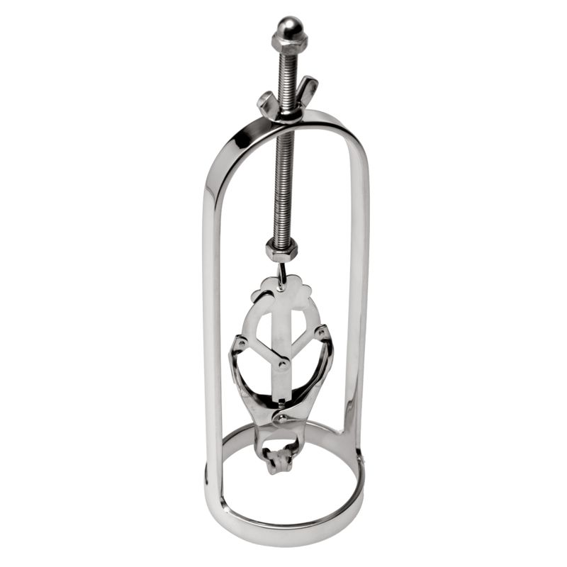 Stainless steel nipple stretcher with clover clamp design for gradual nipple stretching.