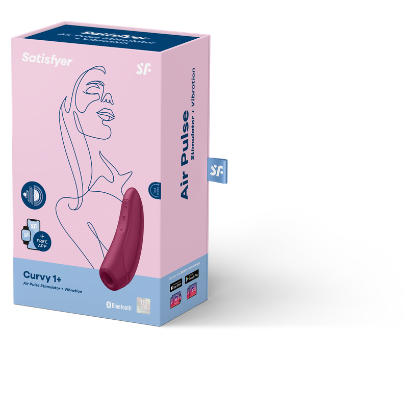 Satisfyer Curvy1+ clitoral stimulator packaging showcasing Bluetooth features and ergonomic design.