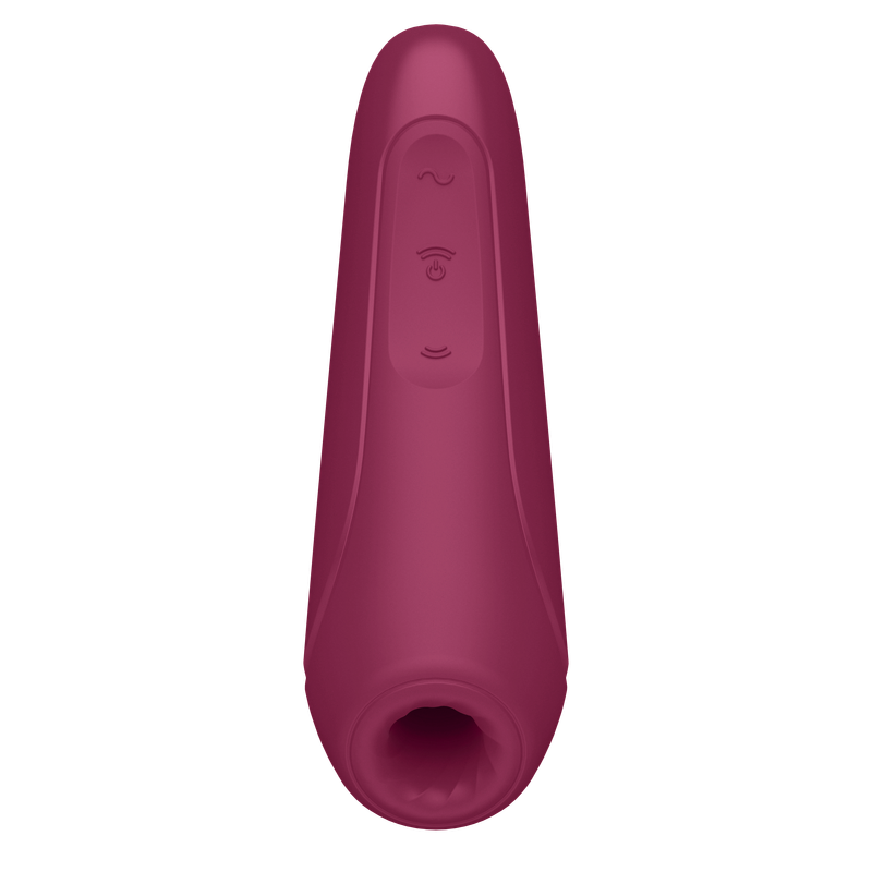 Satisfyer Curvy1+ clitoral stimulator in rose red with ergonomic design and control buttons for personalized stimulation.