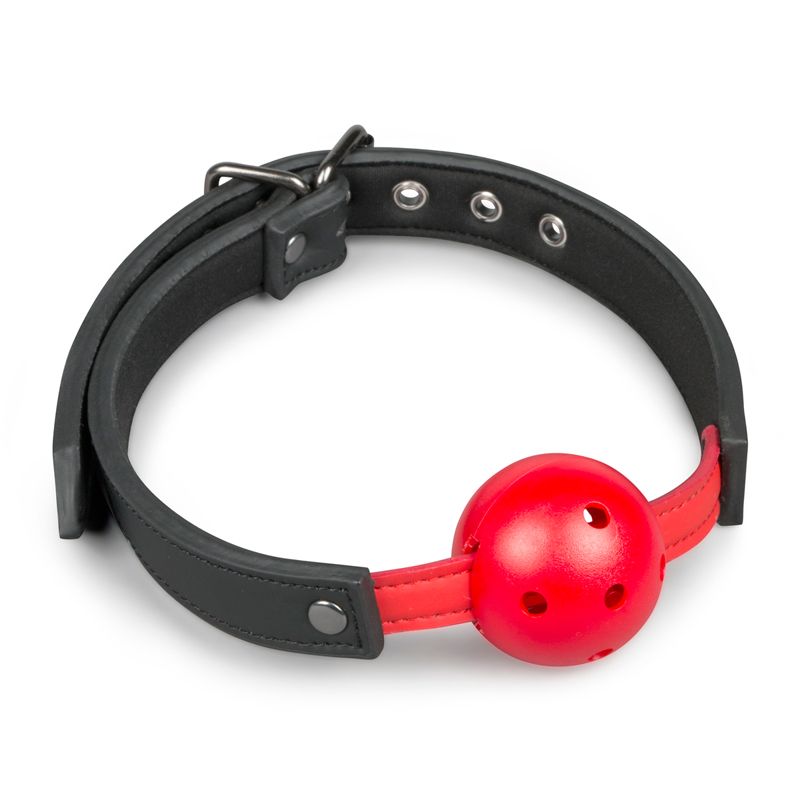 PVC ball gag for bondage with adjustable faux leather strap and red PVC ball.