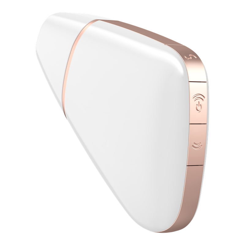 Satisfyer Love Triangle app-enabled air-pulse vibrator showcasing its sleek white design and buttons.