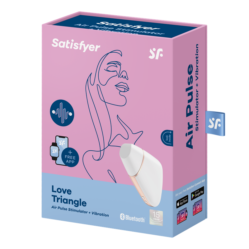 Satisfyer Love Triangle app-enabled air-pulse vibrator packaging showing product features and design.