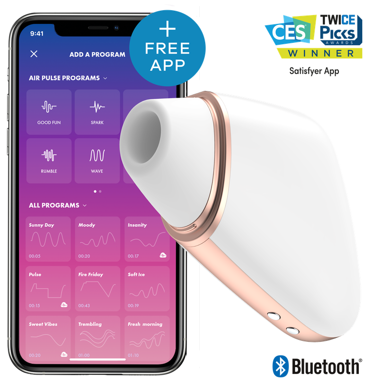 Satisfyer Love Triangle app-enabled air-pulse vibrator displayed with smartphone and Satisfyer app on screen.