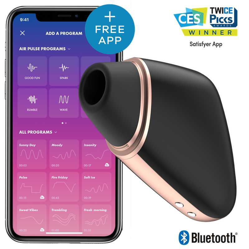 Satisfyer Love Triangle app enabled air pulse vibrator with Satisfyer App displaying air pulse programs.