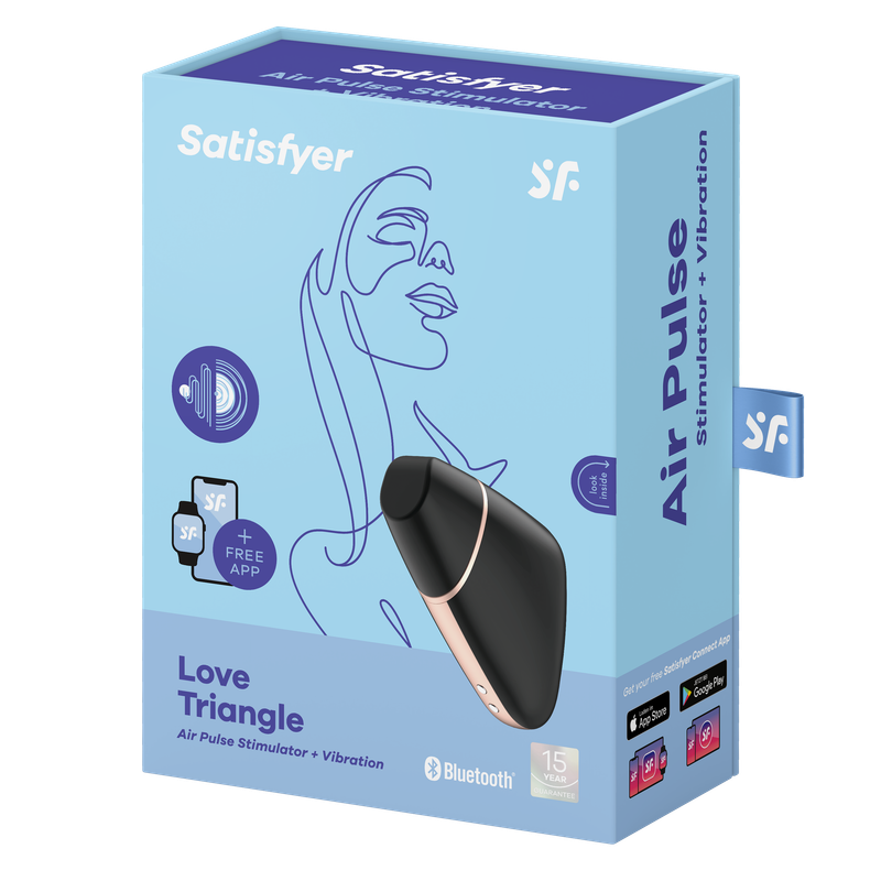 Satisfyer Love Triangle packaging featuring app enabled air pulse vibrator with Bluetooth and free app features.