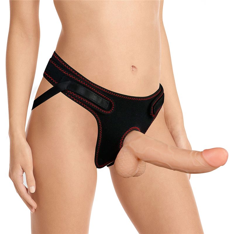 Realistic strap on dildo set showcased on model wearing adjustable harness for lifelike satisfaction.