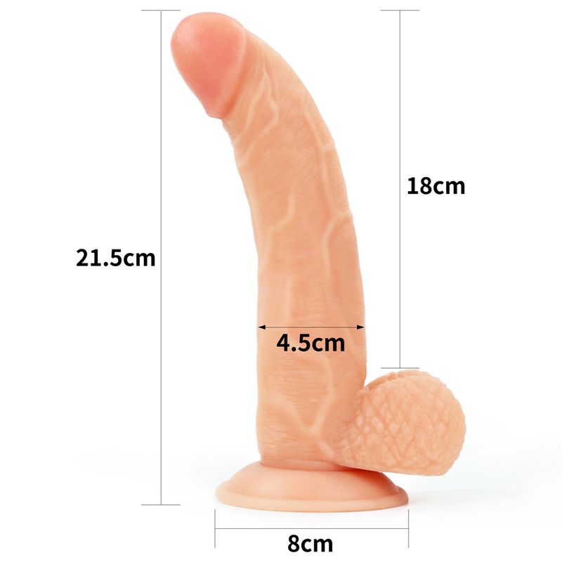 realistic strap on dildo set showing detailed measurements and lifelike design features.