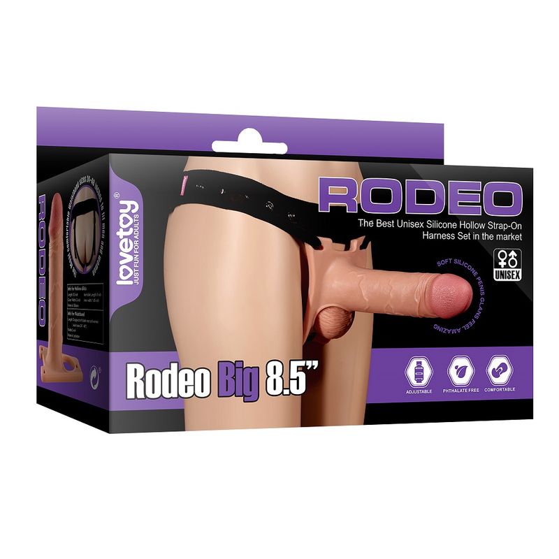 Rodeo Big 8.5in realistic hollow strap on dildo packaging showcasing innovative design and unisex features.
