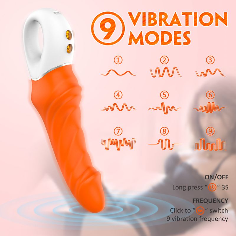 Tornado G-Spot Orange with 9 vibration modes for ultimate pleasure, featuring silicone and ABS materials.