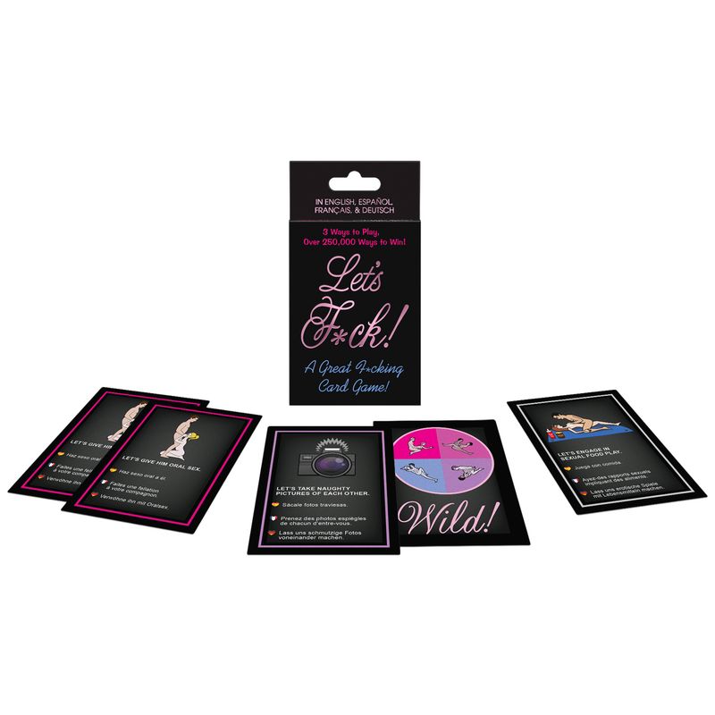 Lets F*ck Card Game packaging and cards displayed, perfect for intimate essentials for her and adult entertainment.