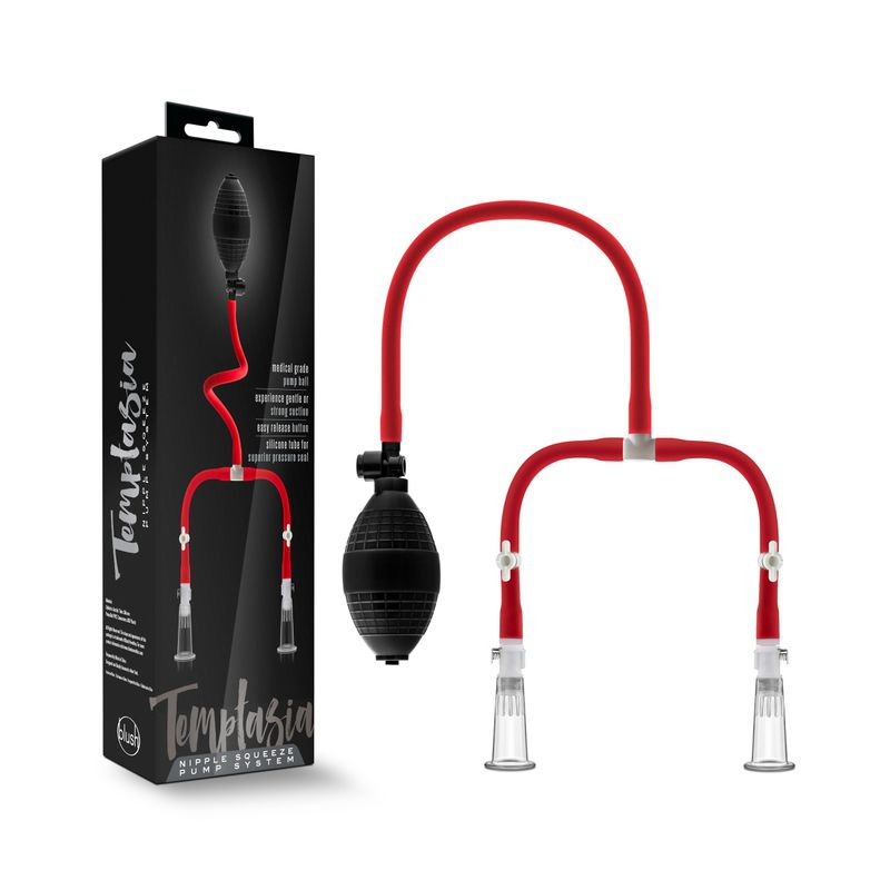 Temptasia Nipple Squeeze Pump System Black with red tubing and acrylic cylinders for nipple play.