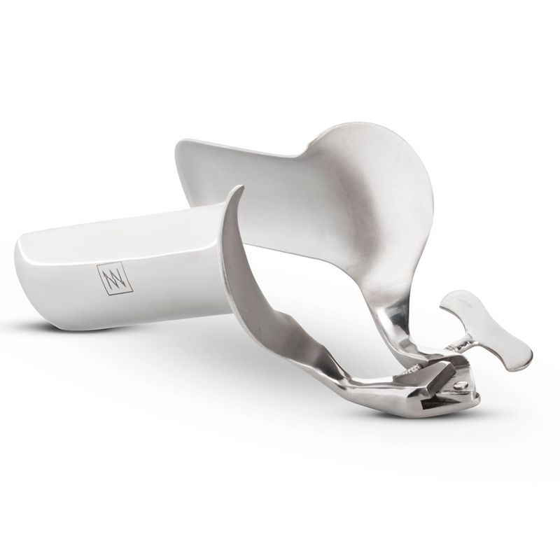 Collins vaginal speculum made of stainless steel with wide blades and wing nut adjustment for medical use.