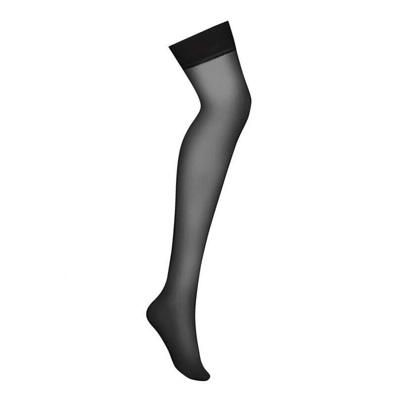 Black sheer thigh high stockings with soft and elastic fabric, perfect for garter attachment.