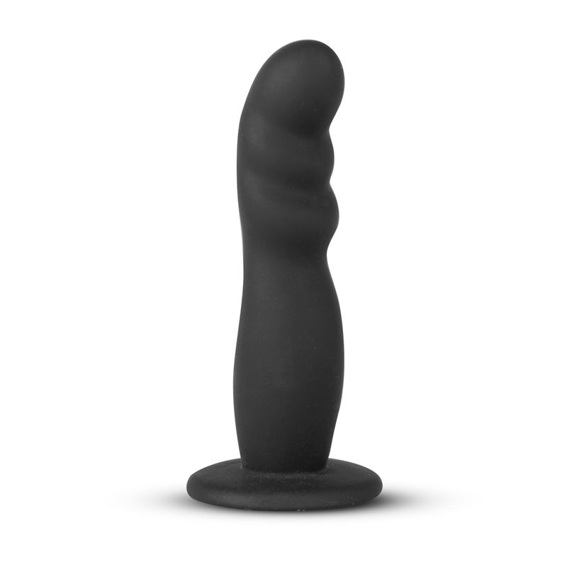 Silicone strap-on harness feature, showcasing a realistic black silicone dildo with curved design for enhanced pleasure.