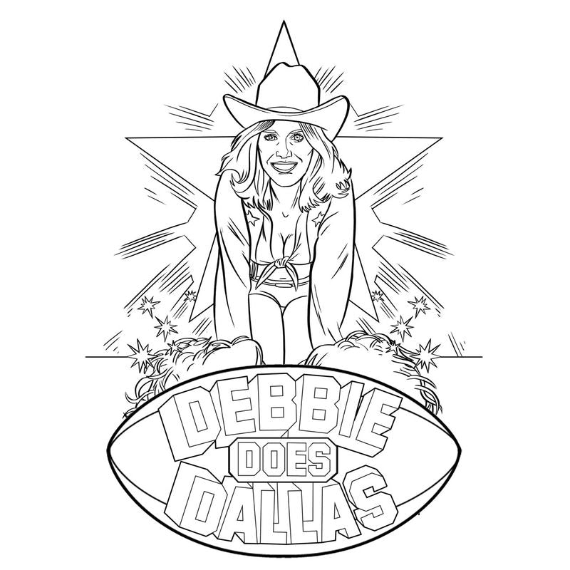 Coloring page from The Porn Colouring Book: Classic XXX Edition featuring Debbie does Dallas in a playful design.