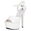 White Platform Sandal w Quick Release Strap 6in Heel - Elegant white heels with a stylish platform and quick-release strap.