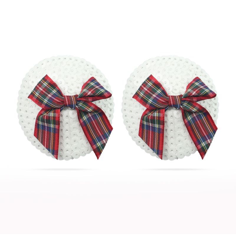 Reusable sequin nipple pasties with tartan bows, ideal for outfit accessories and nipple cover-ups.