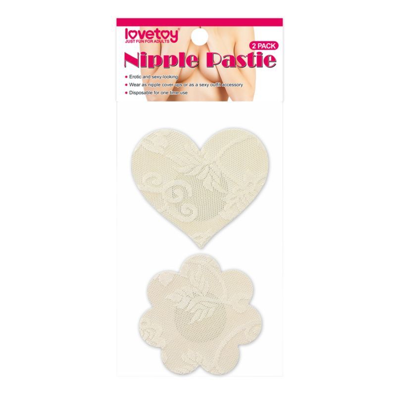 Lace nipple pasties pack featuring a heart and flower design, self-adhesive and disposable for one-time use.