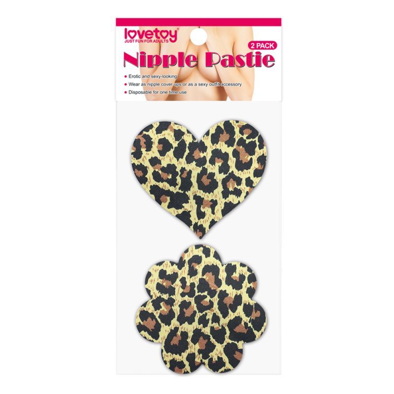Leopard Sexy Nipple Pasties Twin Pk featuring heart and flower designs in a playful leopard print on a product card.