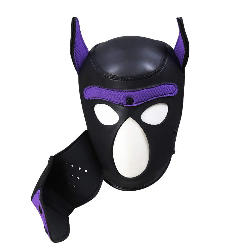 Puppy play mask in purple neoprene rubber with ears and detachable mouthpiece for comfort and vision.