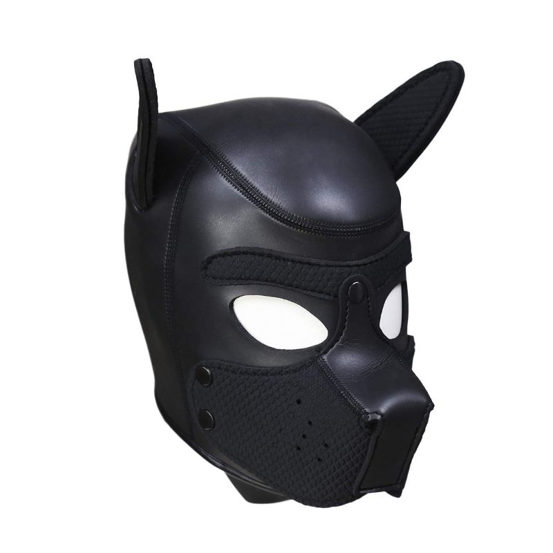 Puppy play mask black made of neoprene rubber with ears, detachable mouthpiece, and comfortable fit.