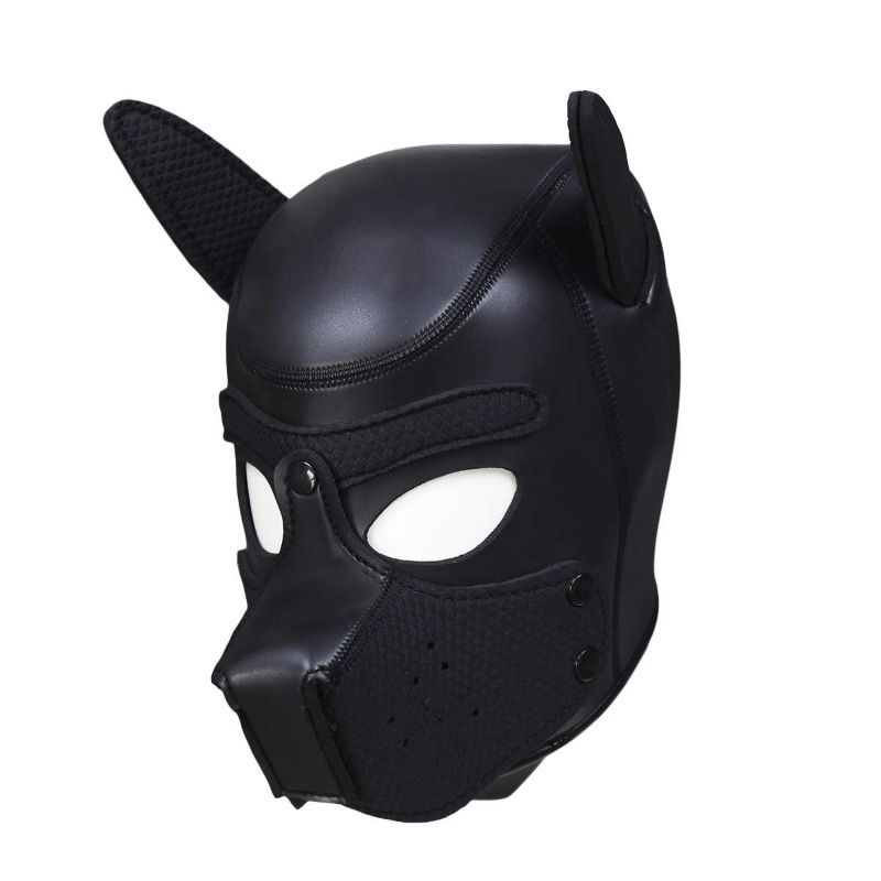Puppy play mask black made of neoprene rubber with ears, adjustable fit, and cut-out eye holes for visibility.