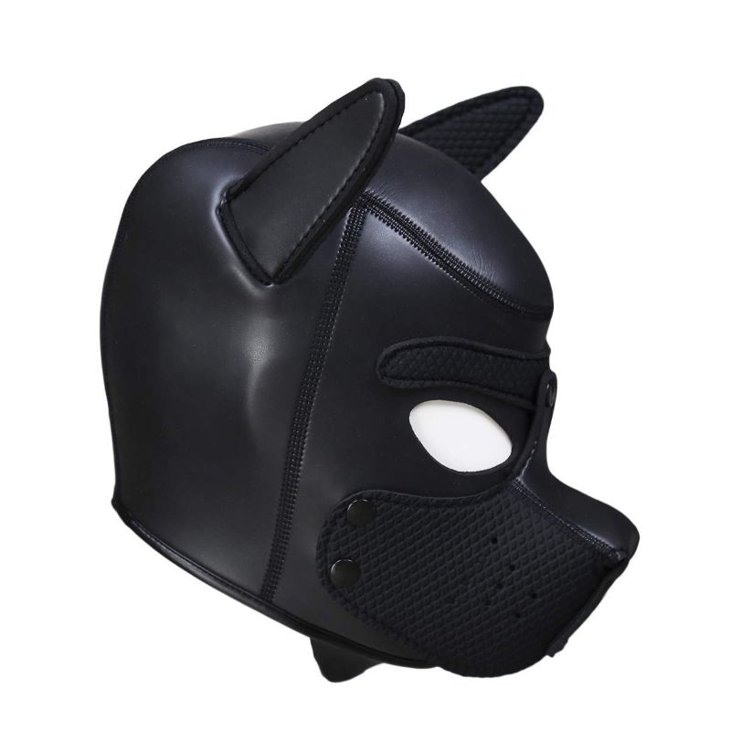Puppy Play Mask Black made of neoprene rubber with ears and detachable mouthpiece for comfort.