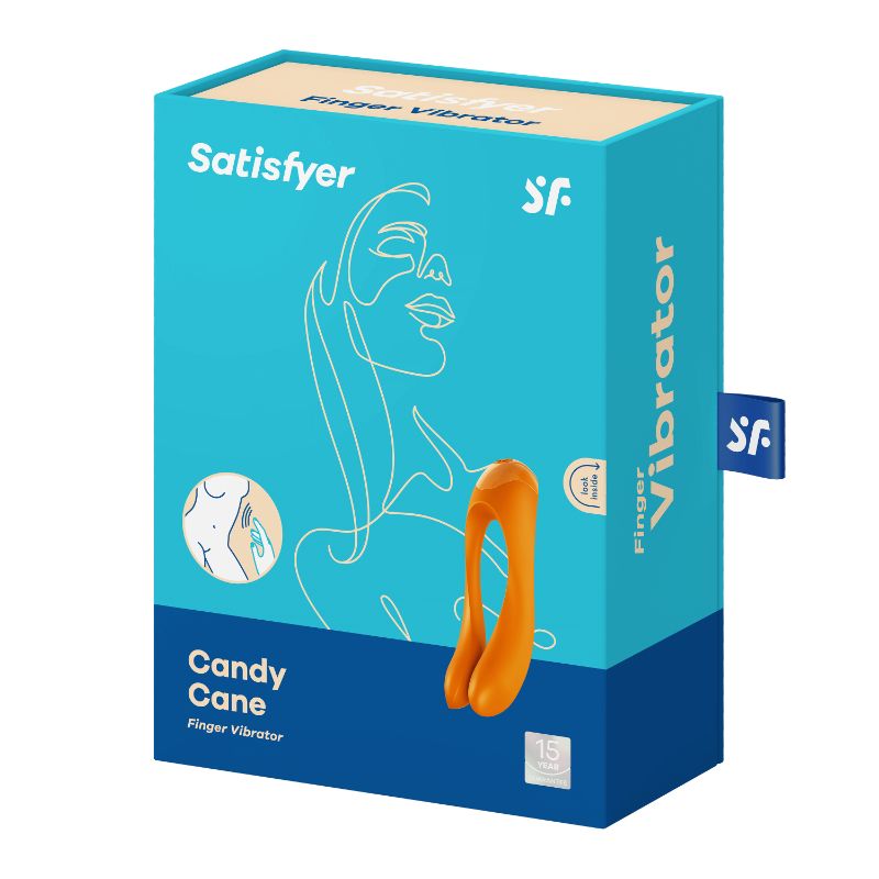 Satisfyer Candy Cane finger vibe packaging featuring an orange finger vibrator design.