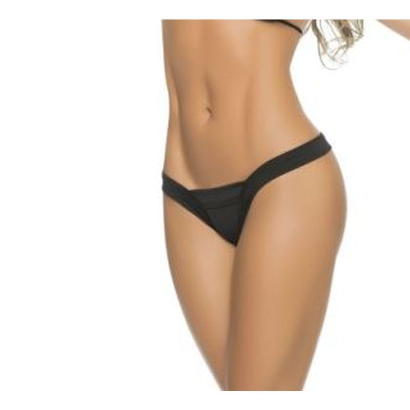 Model wearing a black wet look thong showcasing a flattering V shaped strap effect.