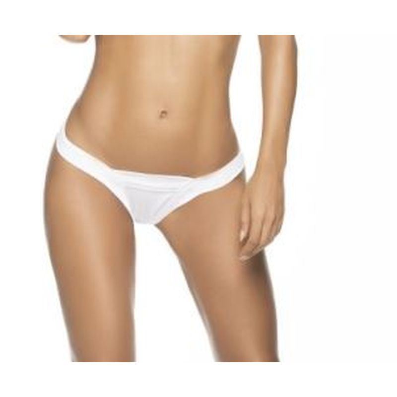 Model wearing a black wet look thong, showcasing its glossy sheen and V shaped strap design.
