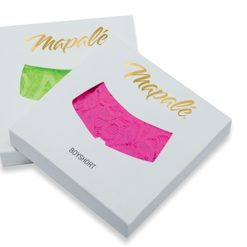 Mapale boyshort packaging featuring pink and green lace designs for intimate essentials.