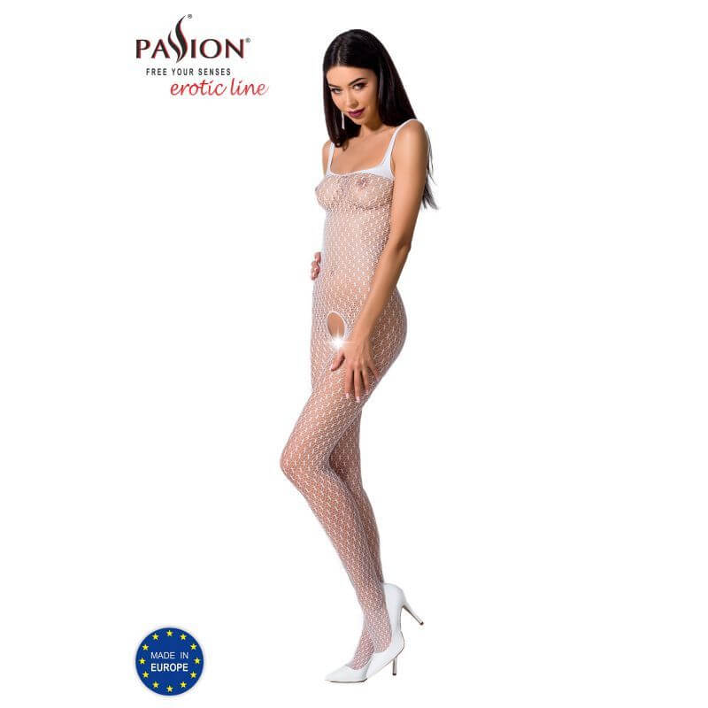 Stylish red bodystocking with open crotch displayed on a model, showcasing fine mesh quality and seductive design.