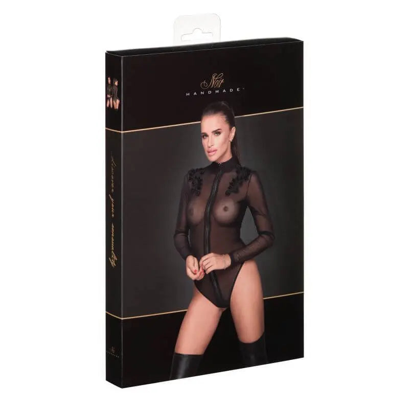 Zipped Tulle Bodysuit w Embroidery Noir Discreet Intimate Essentials.