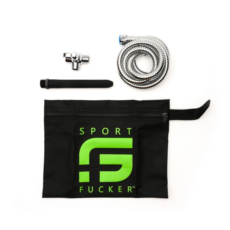 Sport Fucker Shower Kit Black 6in components including chrome hose, diverter switch, and silicone attachment.