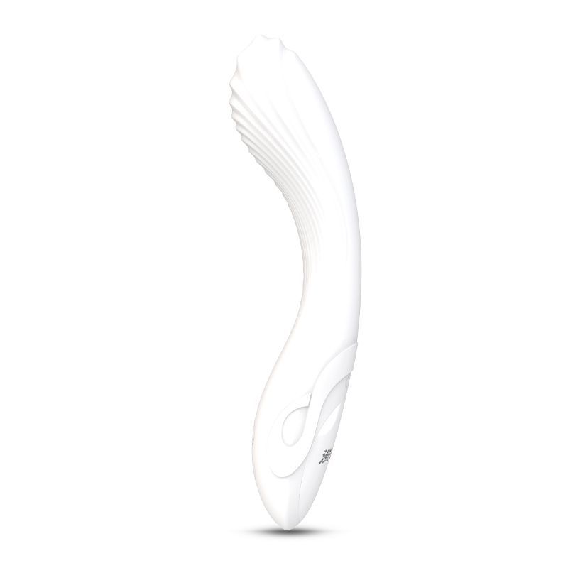 Flexible silicone vibrator in elegant white design, showcasing smooth and soft silicone material with a curvy shape.