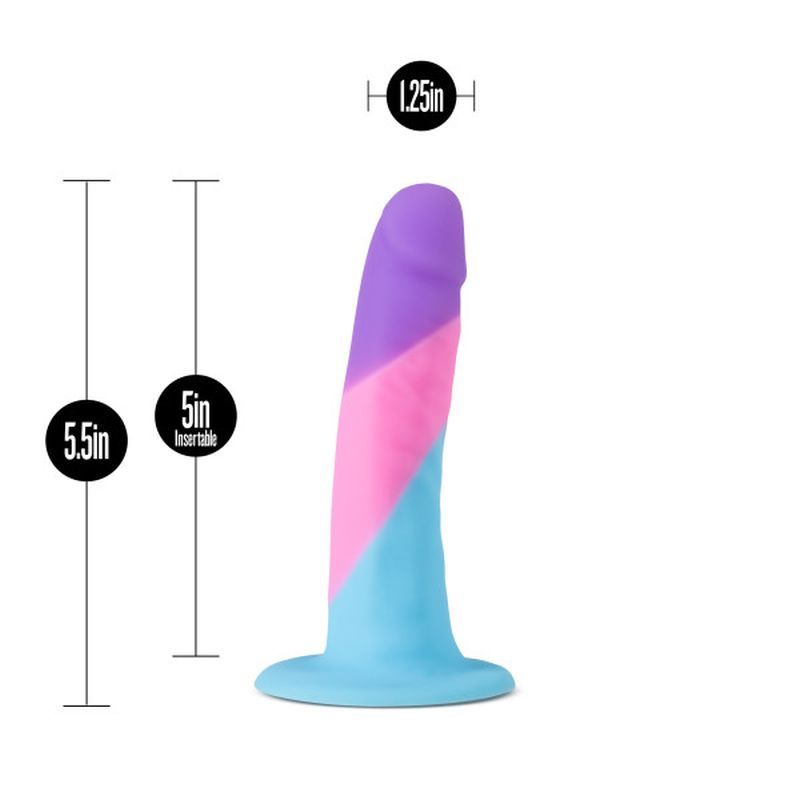 Avant D15 silicone dildo displayed with measurements, featuring vibrant colors and a sleek design.