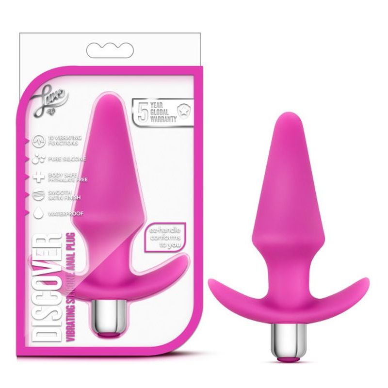 Luxe Discover pink vibrating anal plug with removable bullet, featuring 10 vibrating functions and waterproof design.